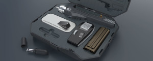 The Phaser in its foam-lined transit case (the USB charging cable is stored under the stand)